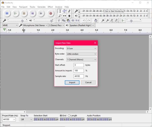 Import our file with U-Law encoding as a single track