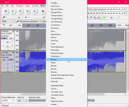 Find the phaser effect in the Effects menu